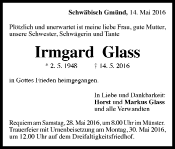 Traueranzeige von Irmgard Glass