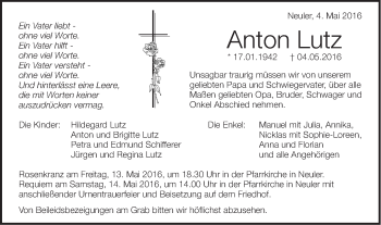 Traueranzeige von Anton Lutz von Schwäbische Post