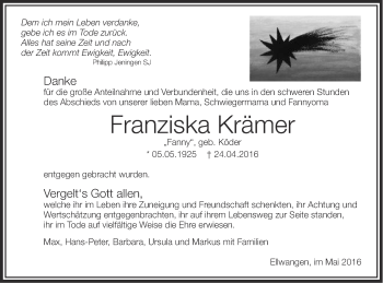 Traueranzeige von Franziska Krämer von Schwäbische Post