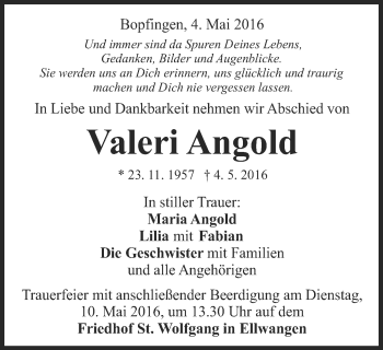 Traueranzeige von Valeri Angold von Schwäbische Post