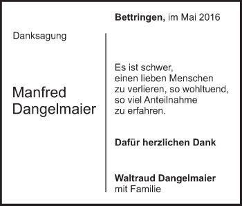 Traueranzeige von Manfred Dangelmaier von Gmünder Tagespost