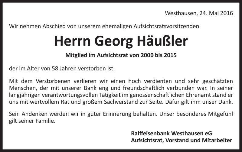  Traueranzeige für Georg Häußler vom 24.05.2016 aus Schwäbische Post