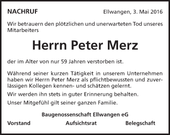Traueranzeige von Peter Merz von Schwäbische Post