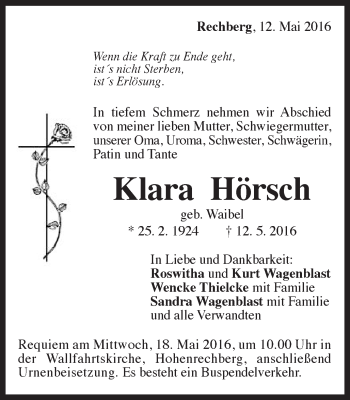 Traueranzeige von Klara Hörsch