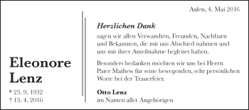 Traueranzeige von Eleonore Lenz von Schwäbische Post