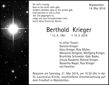 Traueranzeige von Berthold Krieger von Gmünder Tagespost