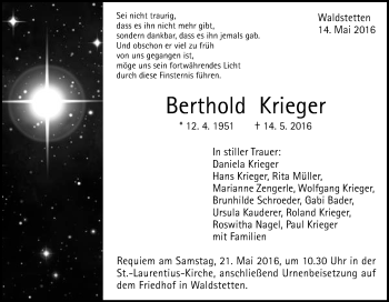 Traueranzeige von Berthold Krieger