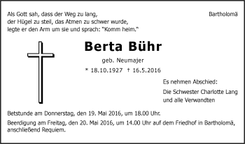 Traueranzeige von Berta Bühr von Gmünder Tagespost