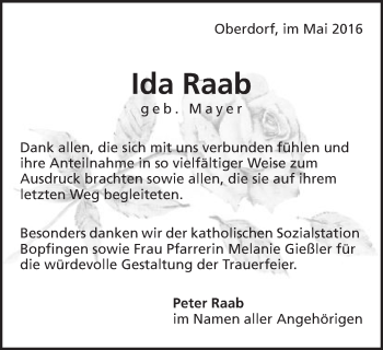 Traueranzeige von Ida Raab von Bopfinger Stadtanzeiger