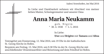 Traueranzeige von Anna Maria Neukamm von Schwäbische Post