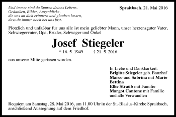 Traueranzeige von Josef Stiegeler von Gmünder Tagespost