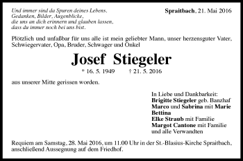 Traueranzeige von Josef Stiegeler