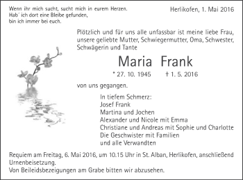 Traueranzeige von Maria Frank von Gmünder Tagespost
