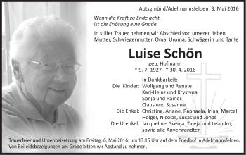 Traueranzeige von Luise Schön von Schwäbische Post