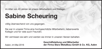 Traueranzeige von Sabine Scheuring von Schwäbische Post