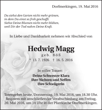 Traueranzeige von Hedwig Magg von Schwäbische Post