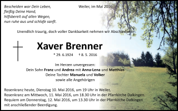 Traueranzeige von Xaver Brenner von Schwäbische Post