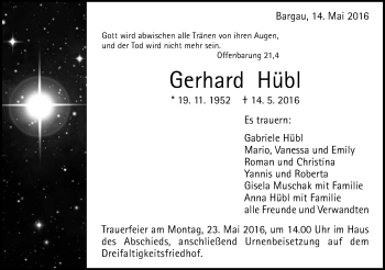 Traueranzeige von Gerhard Hübl von Gmünder Tagespost