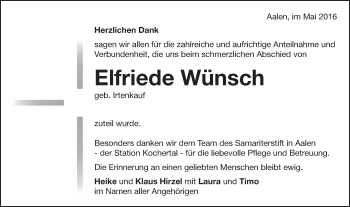 Traueranzeige von Elfriede Wünsch von Schwäbische Post
