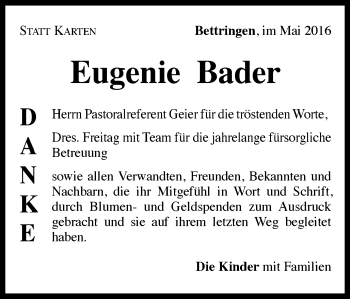 Traueranzeige von Eugenie Bader von Gmünder Tagespost