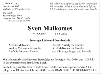 Traueranzeige von Sven Malkomes von Gmünder Tagespost