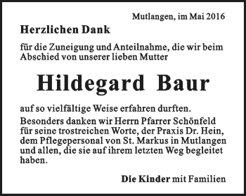 Traueranzeige von Hildegard Baur von Gmünder Tagespost