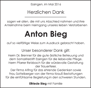 Traueranzeige von Anton Bieg von Schwäbische Post