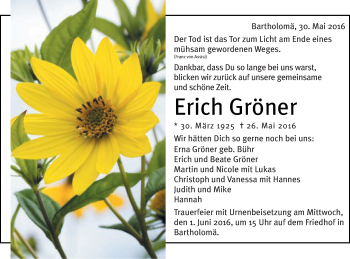 Traueranzeige von Erich Gröner von Gmünder Tagespost