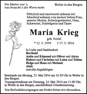 Traueranzeige von Maria Krieg von Gmünder Tagespost