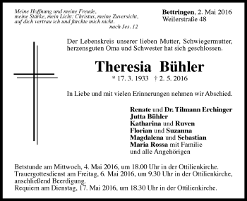 Traueranzeige von Theresia Bühler von Schwäbische Post