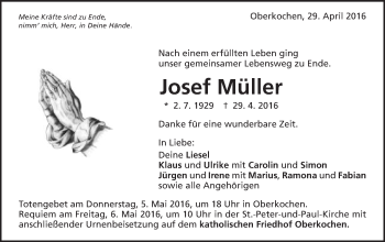 Traueranzeige von Josef Müller von Schwäbische Post