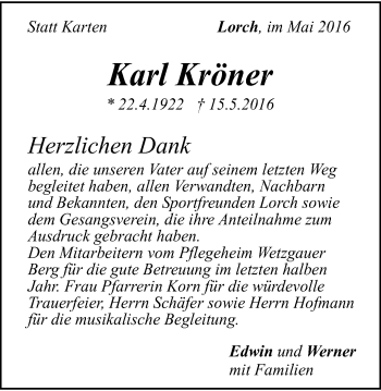 Traueranzeige von Karl Kröner von Gmünder Tagespost
