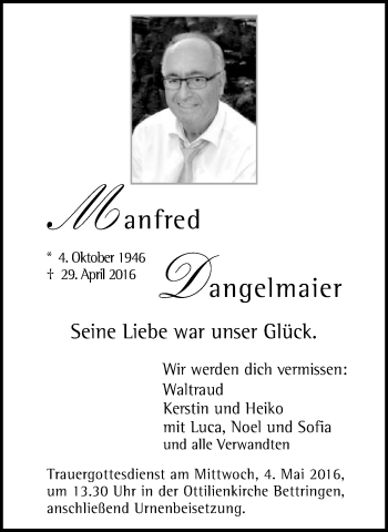 Traueranzeige von Manfred Dangelmaier von Gmünder Tagespost