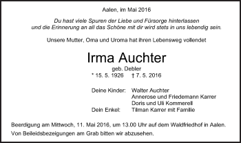 Traueranzeige von Irma Auchter von Schwäbische Post