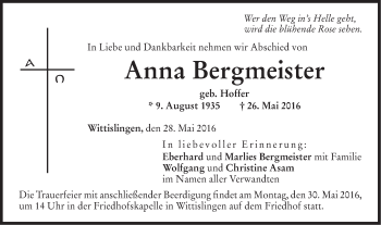 Traueranzeige von Anna Bergmeister von Schwäbische Post