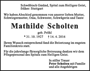 Traueranzeige von Mathilde Scholten von Gmünder Tagespost