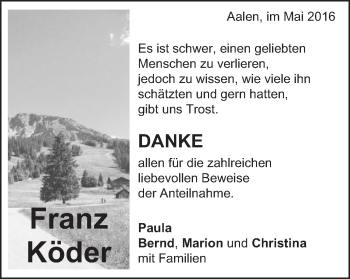 Traueranzeige von Franz Köder von Schwäbische Post