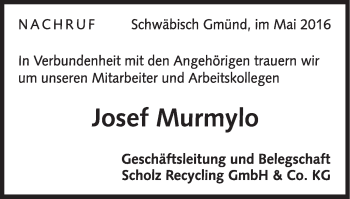 Traueranzeige von Josef Murmylo von Gmünder Tagespost