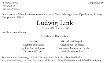 Traueranzeige von Ludwig Link von Gmünder Tagespost