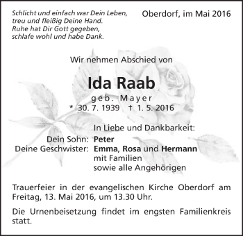 Traueranzeige von Ida Raab von Schwäbische Post