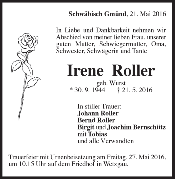 Traueranzeige von Irene Roller