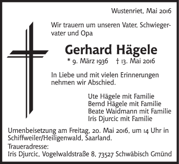 Traueranzeige von Gerhard Hägele von Gmünder Tagespost