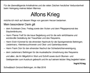Traueranzeige von Alfons Krieg von Gmünder Tagespost
