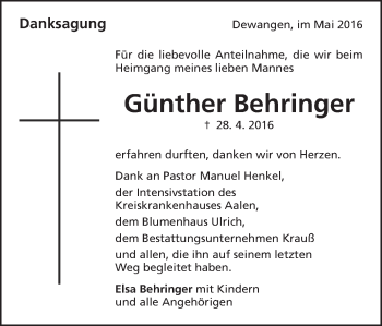 Traueranzeige von Günther Behringer von Schwäbische Post