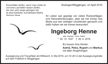 Traueranzeige von Ingeborg Henne von Schwäbische Post