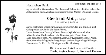 Traueranzeige von Gertrud Abt von Gmünder Tagespost