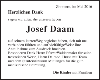 Traueranzeige von Josef Daam von Gmünder Tagespost