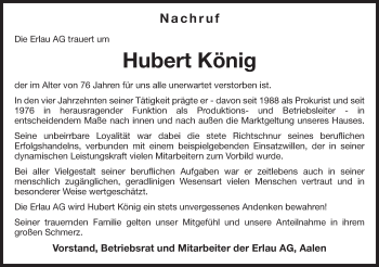Traueranzeige von Hubert König von Schwäbische Post