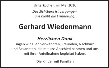 Traueranzeige von Gerhard Wiedenmann von Schwäbische Post