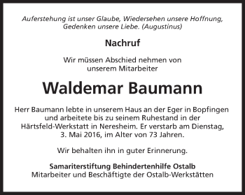 Traueranzeige von Waldemar Baumann von Schwäbische Post